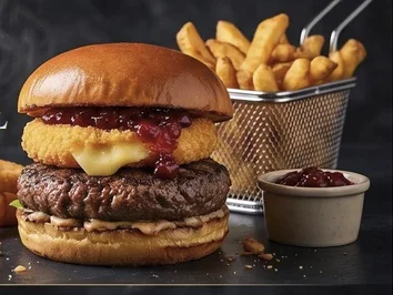 Burger z wołowiną, serem panierowanym i żurawiną, z frytkami