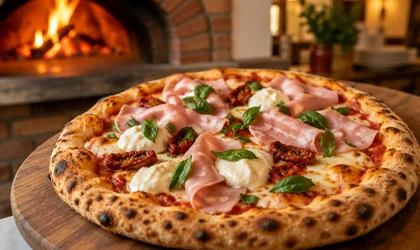 Pizza Mortazza z mortadelą, mascarpone, suszonymi pomidorami i bazylią